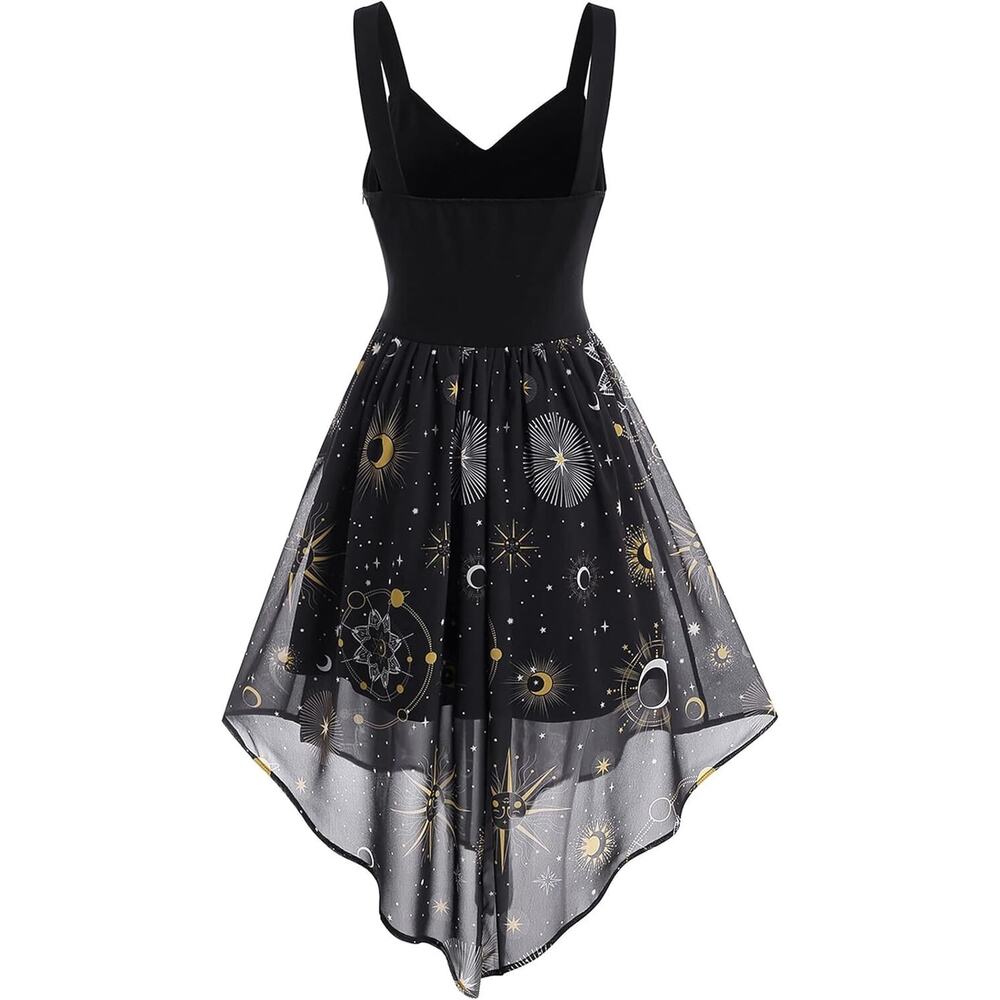 FEAPHY Witchy Galaxy Dress Women’s XXL Sun Moon Stars High Low Black Chiffon - Picture 3 of 7
